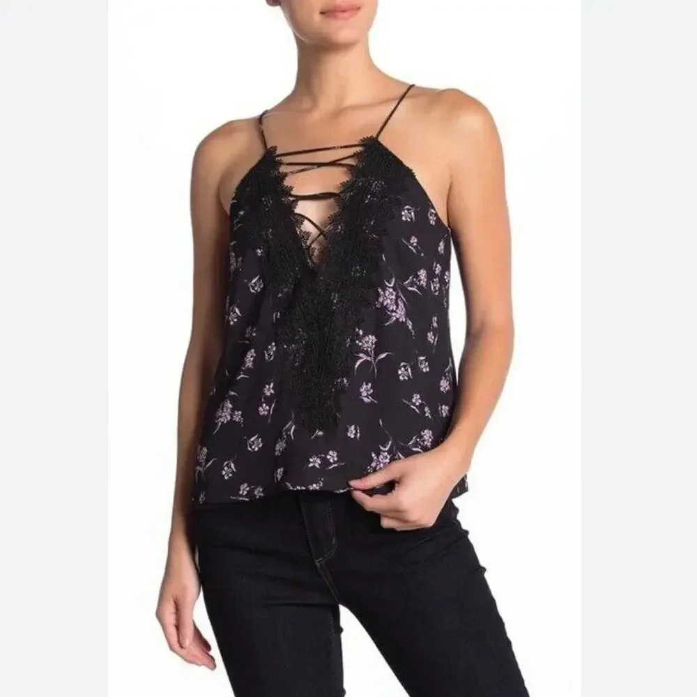 NEW Wayf Women Size XS Black Purple Floral Strappy Camisole